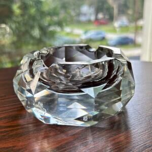Vintage Crystal Faceted Diamond Cut Ashtray, Prism Cut Art Glass
